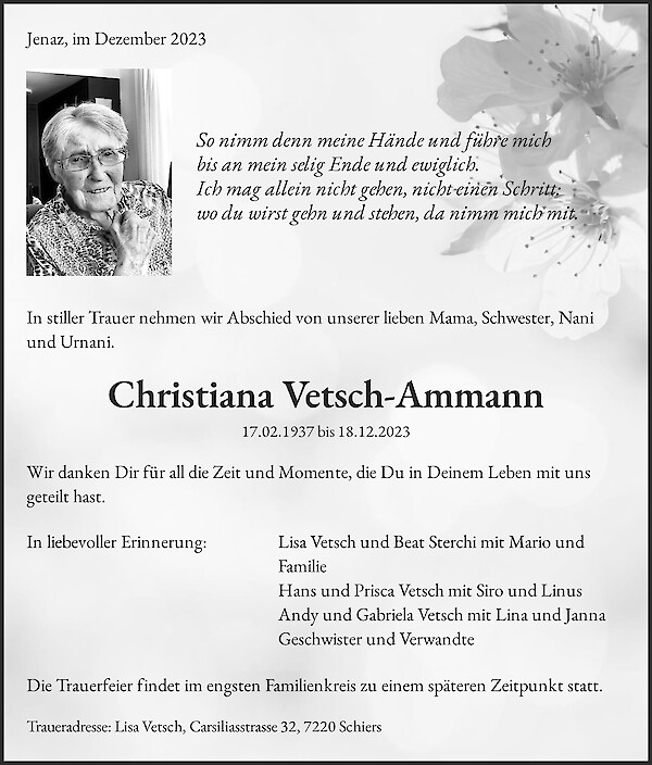 Todesanzeige von Christiana Vetsch-Ammann