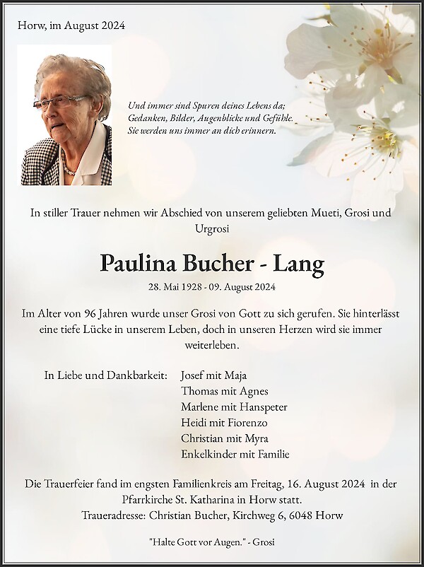 Todesanzeige von Paulina Bucher - Lang