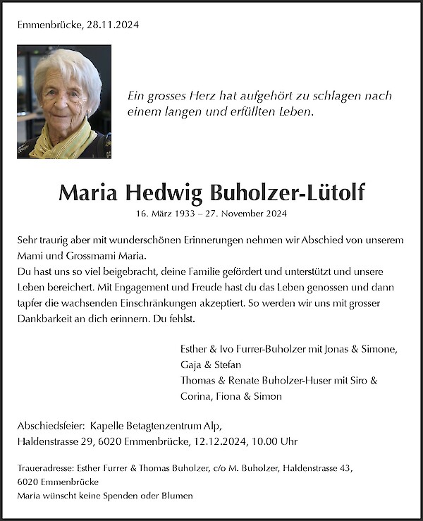 Todesanzeige von Maria Hedwig Buholzer-Lütolf, Emmenbrücke