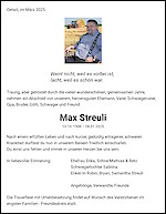 Todesanzeige Max Streuli, Oetwil am See